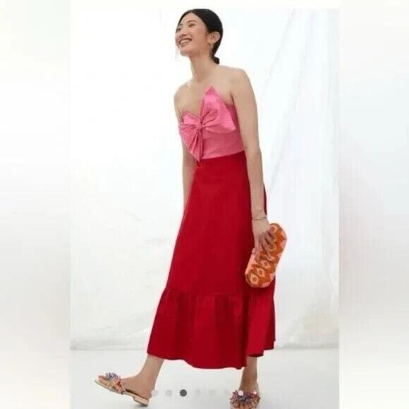 NWT Anthropologie Hutch Bow-Tie Maxi Dress Gown Sz 12P Petites Red/Pink #8G406 - Picture 3 of 10